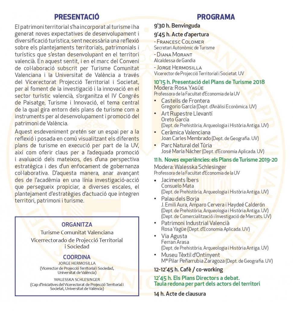 Programa del Congreso Paisaje, Turismo e Innovación de noviembre del 2019