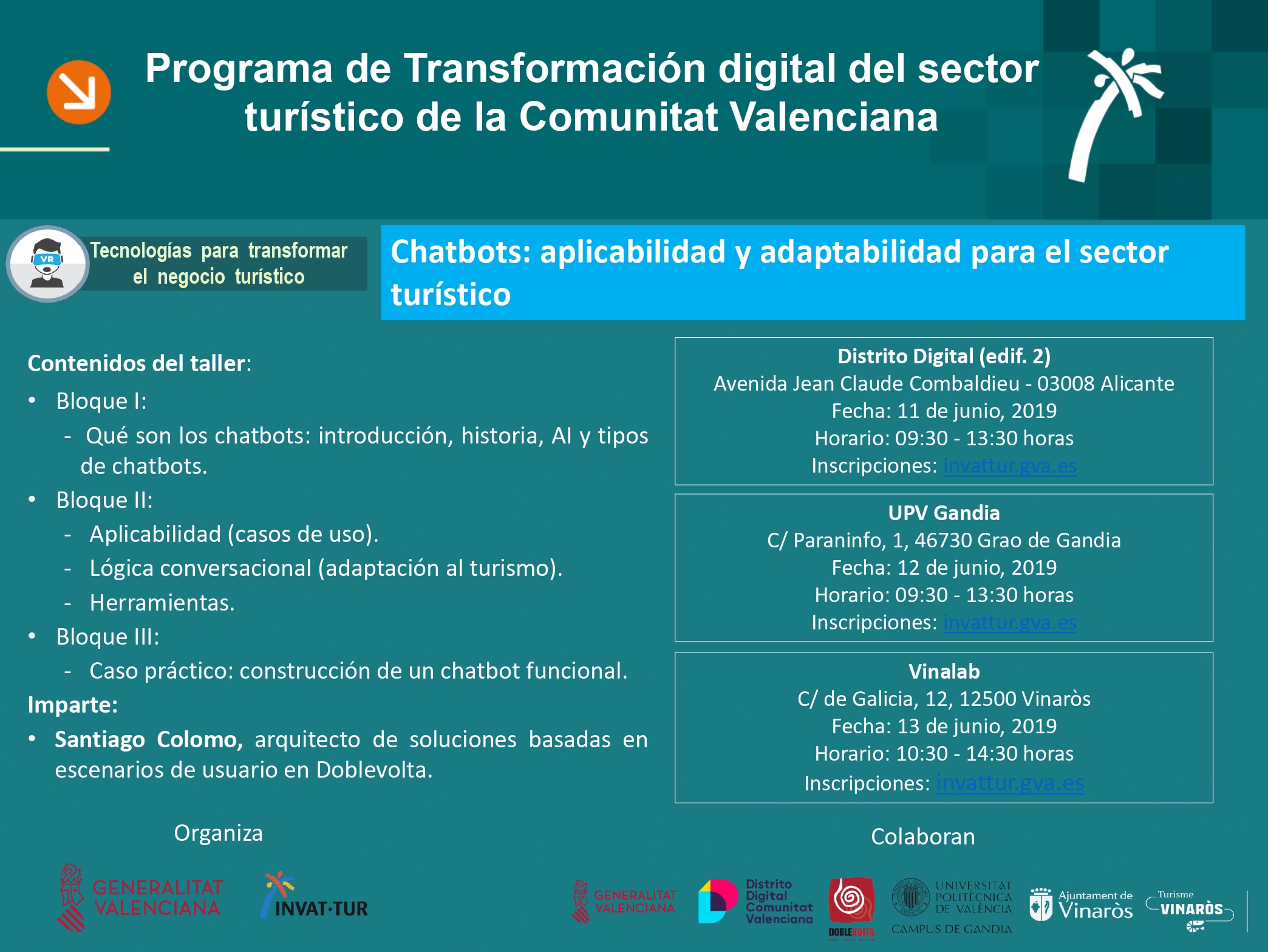 Programa de los talleres de chatbots para turismo, junio 2019