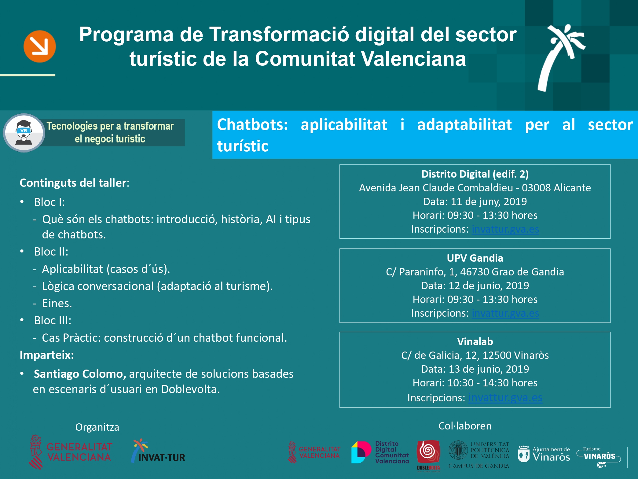 Programa de los talleres de Chatbots para turismo, junio 2019