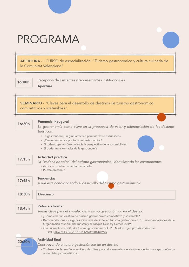 Programa Sesión Apertura del Curso de Turismo Gastronómico L'Exquisit Mediterrani de la Comunitat Valenciana. Edición 2019