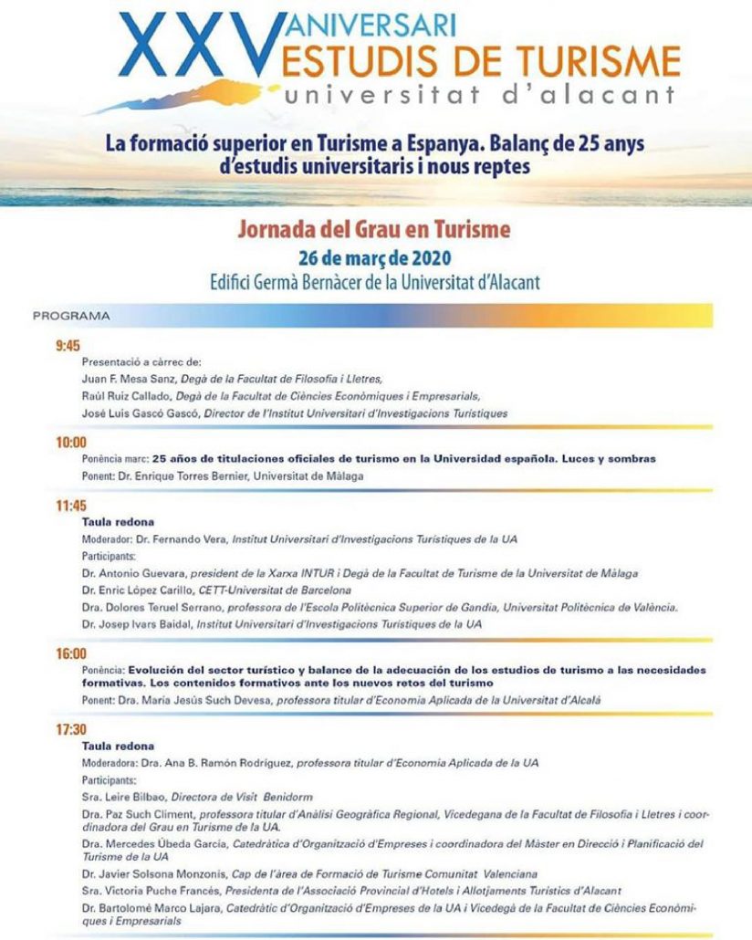 Programa de la Jornada de la formación superior en turismo en la Universidad de Alicante