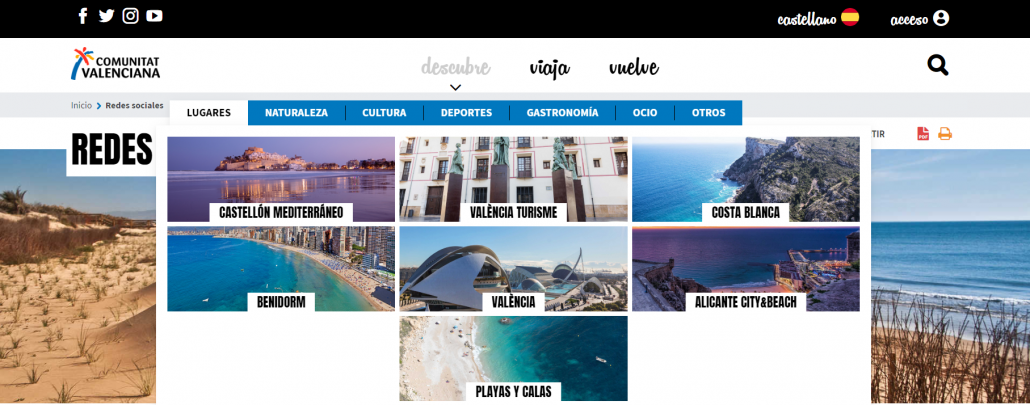 Menú Descubre del portal turístico de la Comunitat Valenciana