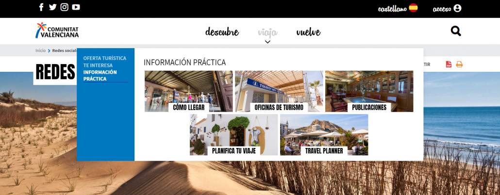 Menú Viaja del portal turístico de la Comunitat Valenciana