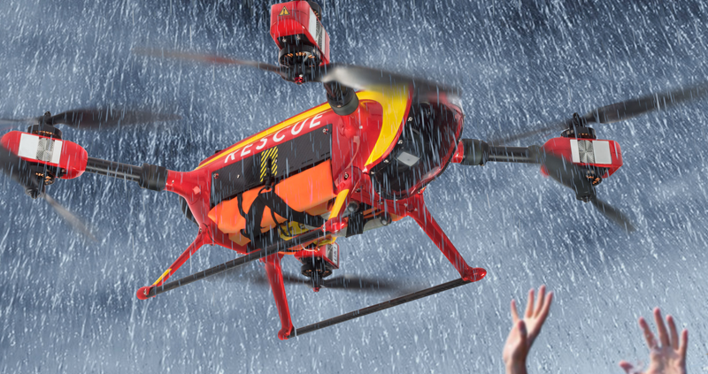 Auxdron Lifeguard drone en rescate bajo la lluvia 800x531
